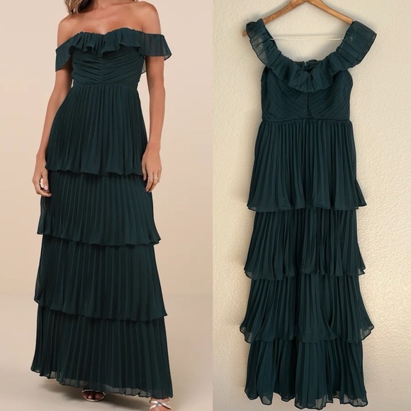 Always Remarkable Emerald Pleated Off-the-Shoulder Maxi Dress - Picture 1 of 10